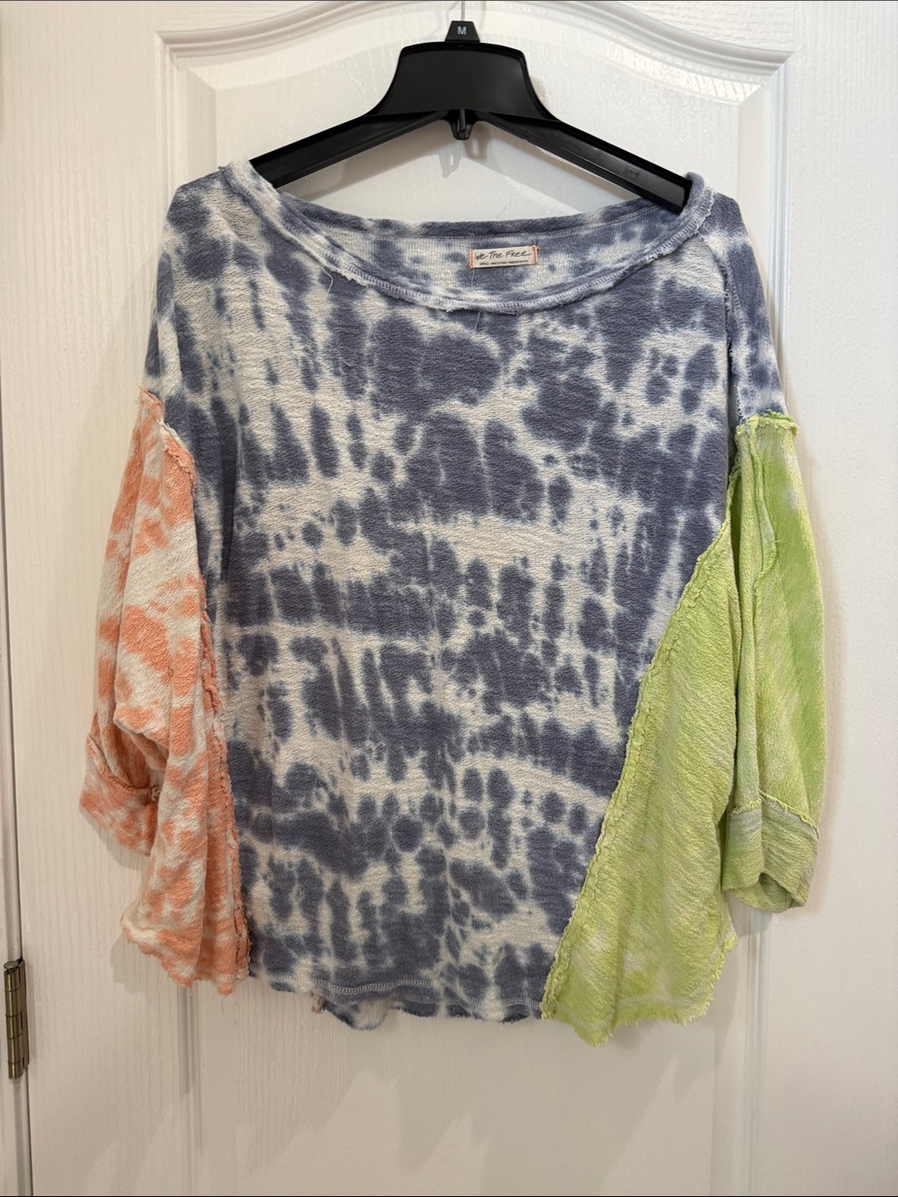 We the Free People Blue Tie-Dye Wide Neck Top with Peach & Lime Sleeves Size S